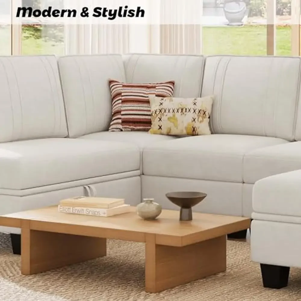 Velvet Sectional Couch 4-Seater Sofa with Reversible Chaise and Storage Ottoman Beige