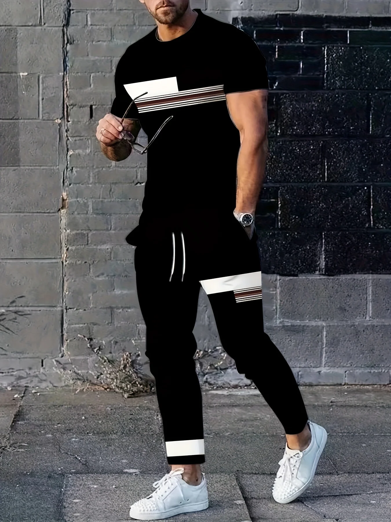 

2025 American striped printed men's breathable round neck T-shirt long pants set outdoor casual fashion two-piece set