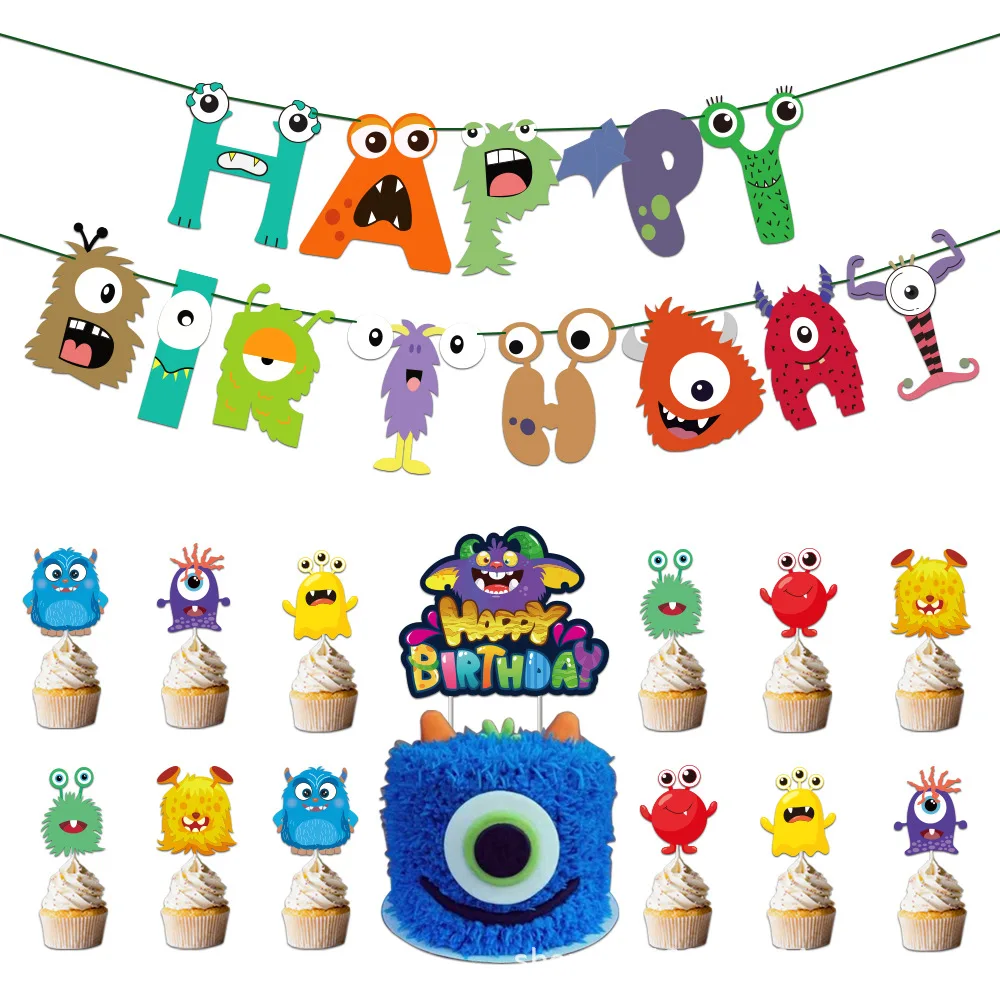 Birthday Party Little Monster Theme Decorations Latex Balloons Banners Cake topper Kids Boys Supplies Baby Showers Toys Global