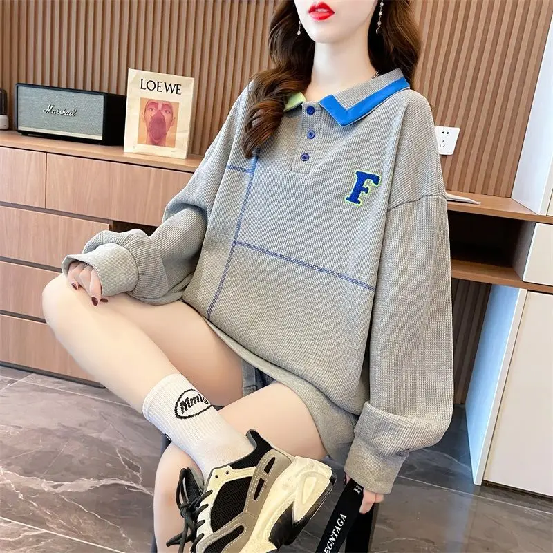 Literature Vintage Printing Letter Sweatshirts Women New Classic Long Sleeve Polo Collar Button Loose Embroidered All-match Top