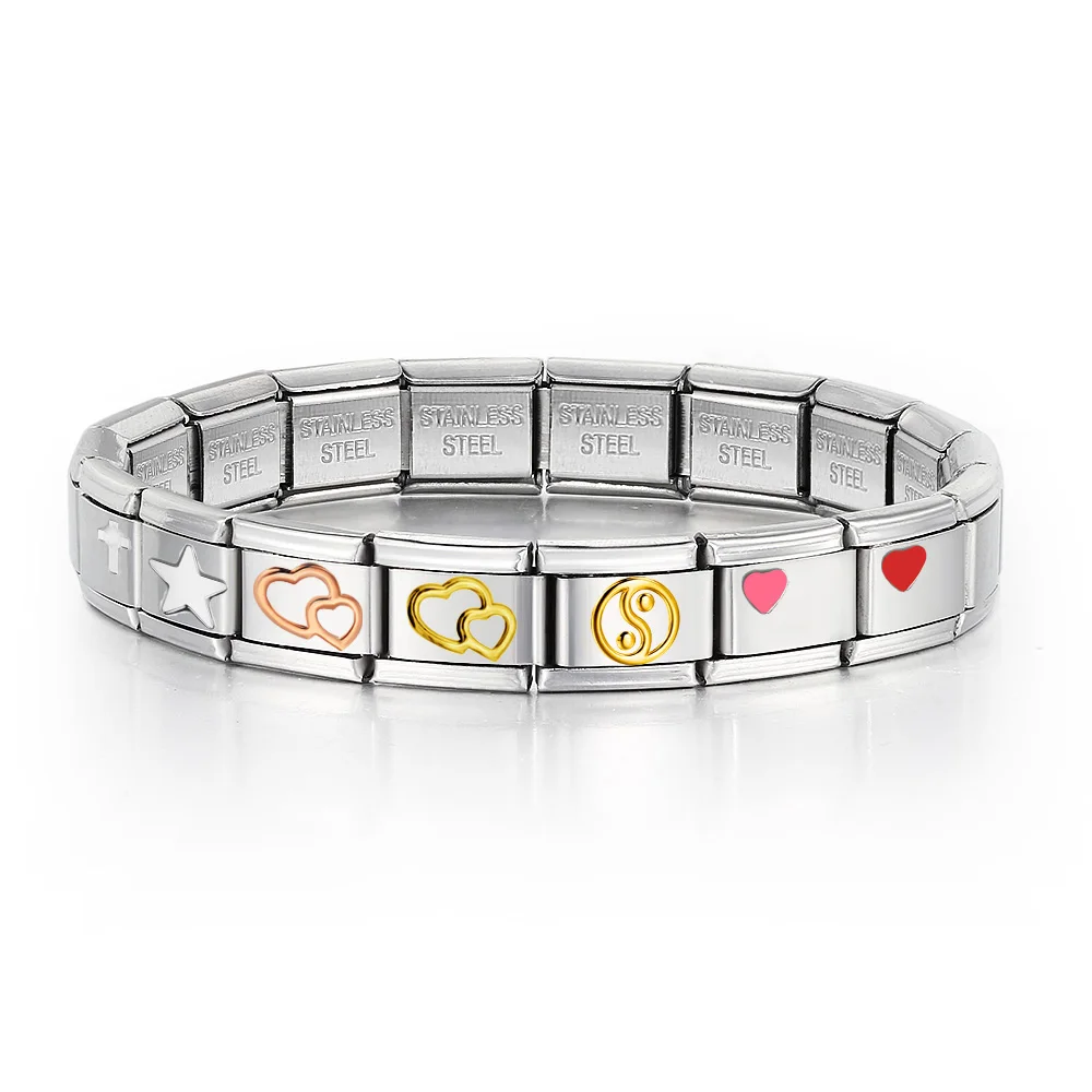 Einfaches, farbenfrohes Blumen-Doppelherz-Armband für Damen und Herren, italienische Gliederkette, passend für 9mm Edelstahl-Anhänger, DIY-Schmuckherstellung, Geschenke – Detail 1