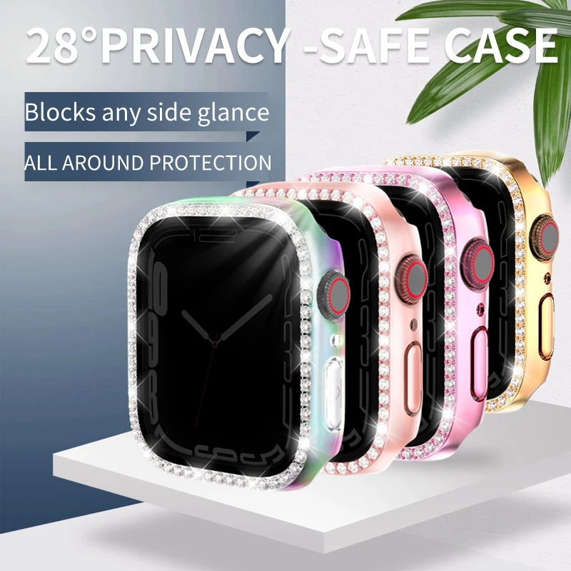 Single row diamond glass+cover suitable for Apple Watch anti peep screen case 38mm 40mm 41mm hard PC hold out for iwatch series