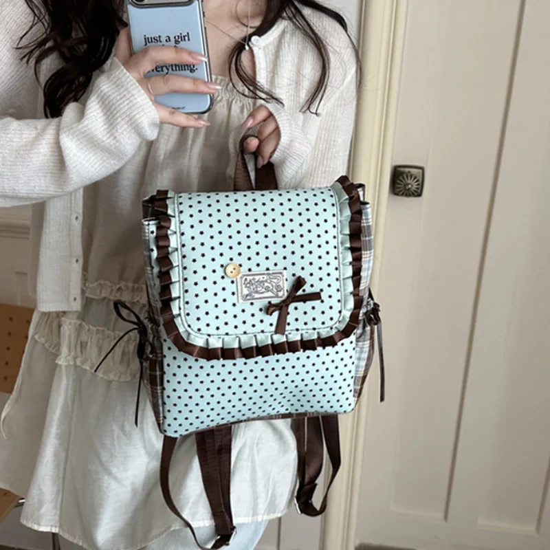 Sweet Polka Dot Backpack Ruffle Lace Bow Decor Vintage College Lightweight Daypack Cute Casual School Bag For Girls Daily Study