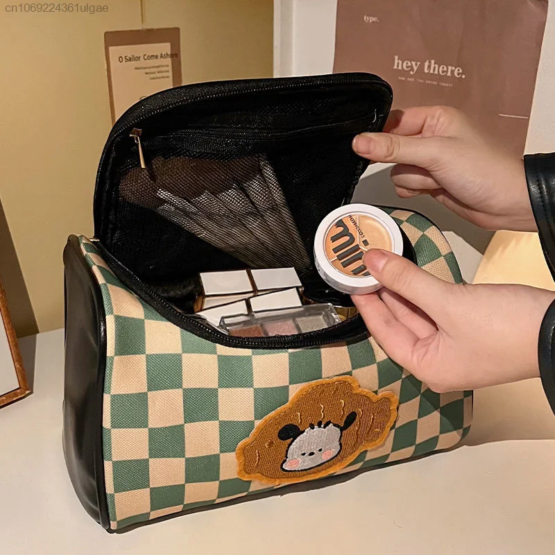Sanrio Pochacco Cute Plaid Tote Bags Women Cartoon Portable Travel Makeup Bag Vintage Fashion Handbags Y2k Cylinder Storage Bag
