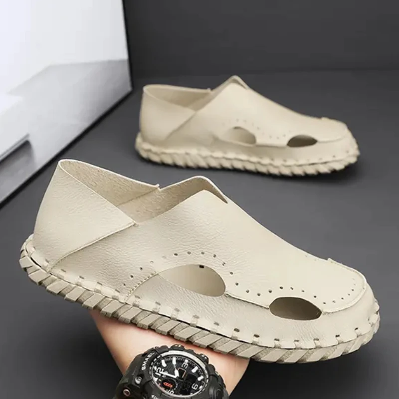 Men's Summer Soft Sole Sandals Comfortable Large Size Beach Walking Shoes Non-slip Solid Colour Driving Thick Bottom Flats