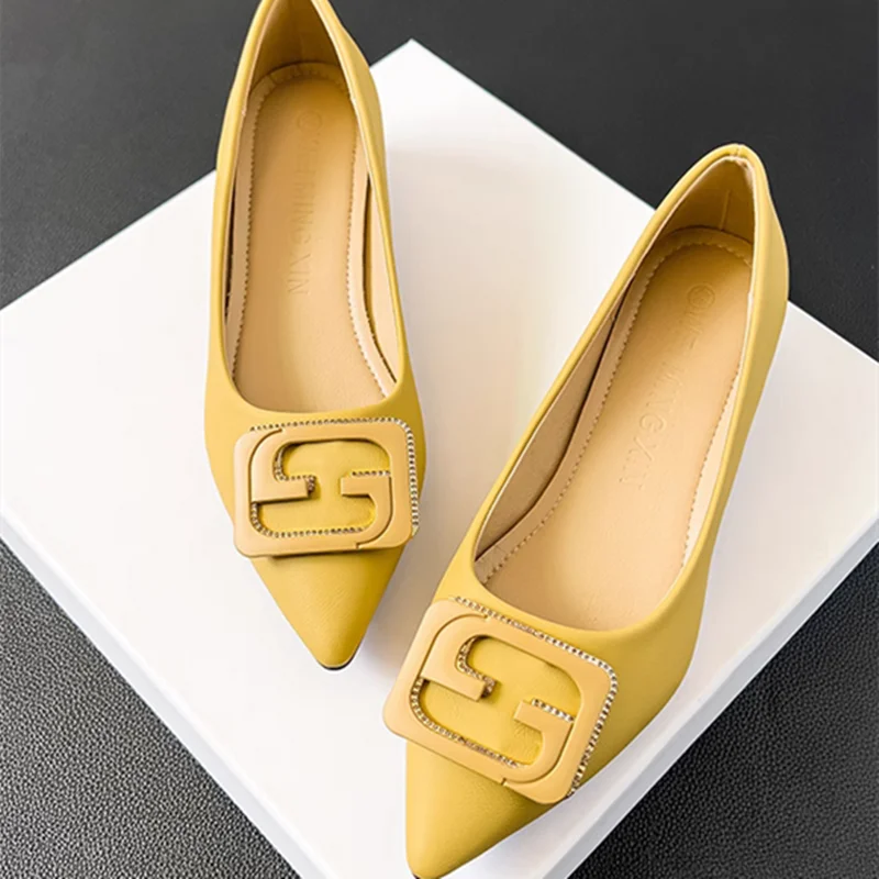 Womens Soft Leather Luxury Designer Low Heels 3cm Pumps Pointy Toe OL Spony Comfortable Shoes For Narrow Feet 33-45 27cm Yellow