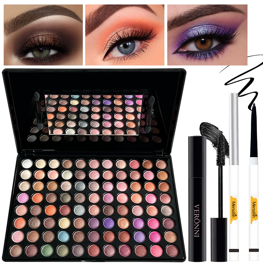88 Colors Eyeshadow Palette Eye Makeup Set Black Mascara Waterproof Black Gel Eyeliner Pencil Matte Shimmer Pigmented Eyeshadow