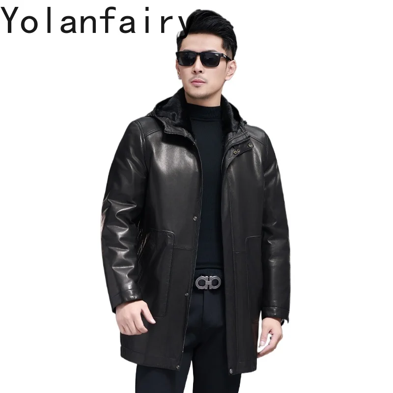 

YOLANFAIRY Куртка из натуральной козьей кожи, мужская зимняя теплая куртка с подкладкой из цельного норкового меха, теплое пальто с капюшоном из натурального меха, мужская средней длины
