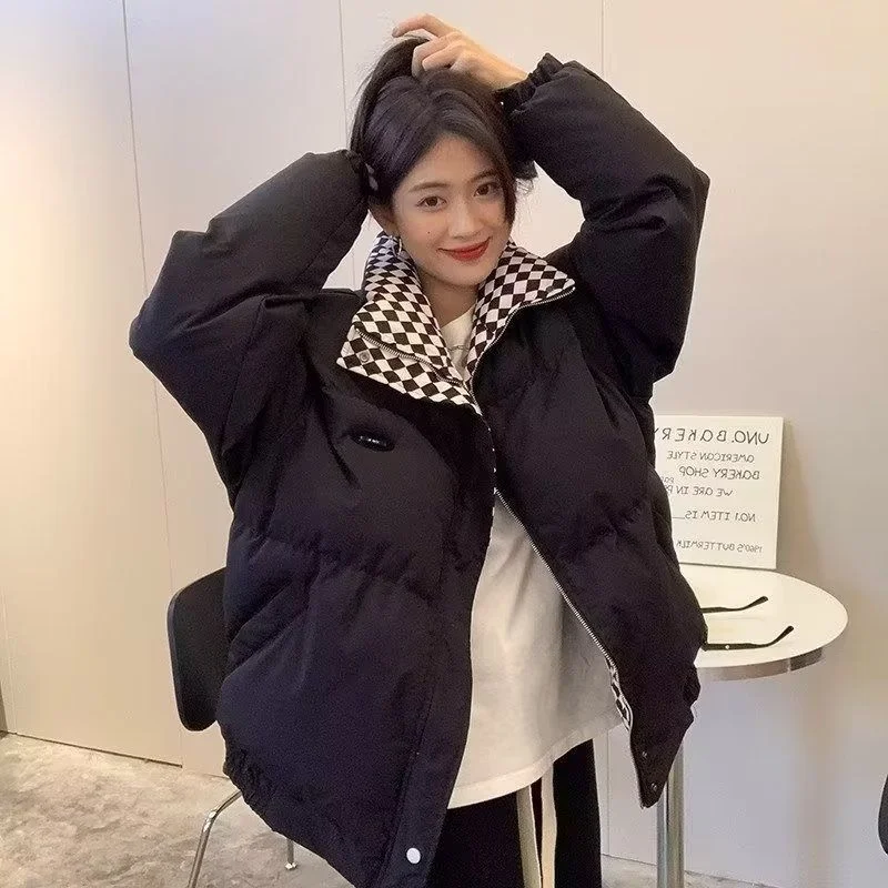 2026 Winter New Women Loose Stand Collar Plaid Spliced Short Coat Lady Korean Style Thick Warm Winter Outerwear Jacket