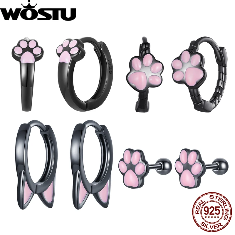 WOSTU 925 Sterling Silver Cat Claw Hoop Earrings Ear Stud Black Gold Plated dla kobiet Dziewczyna Rocznica Impreza DataPrezent Hurtownia