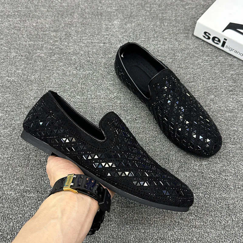 Handsome Street Style Rhinestone Designer Men\'s Shoes Leather Casual Loafers Fashion Breathable Men Flats Soft Moccasins Black