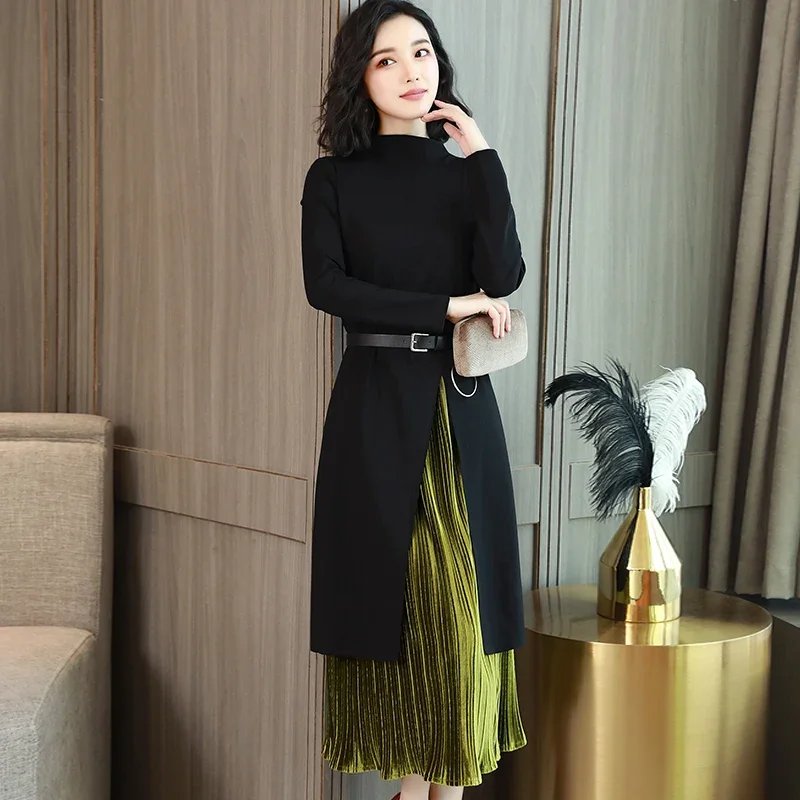 Fall 2018 new female Korean fashion suit knitted dress temperament slim fake two-piece long sleeve bottomed skirt