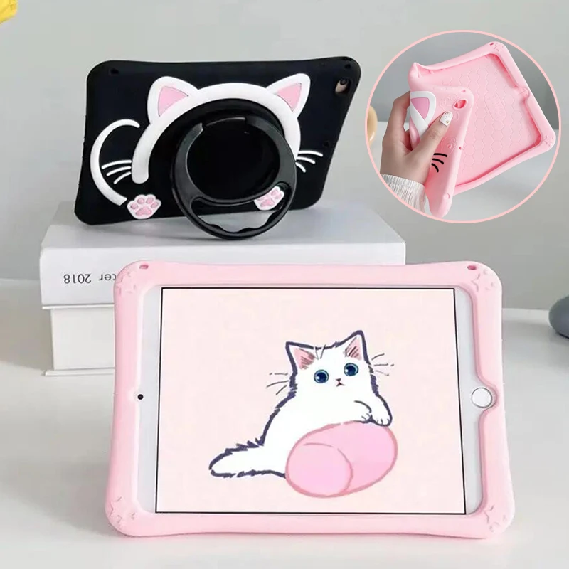 

360 Rotated Handle Cover For iPad 5th 6th 9.7 2017 2018 7th 8th 9th Gen 10.2 2019 Kids Cartoon Cat Silicon Mini 2 3 4 5 6 Case