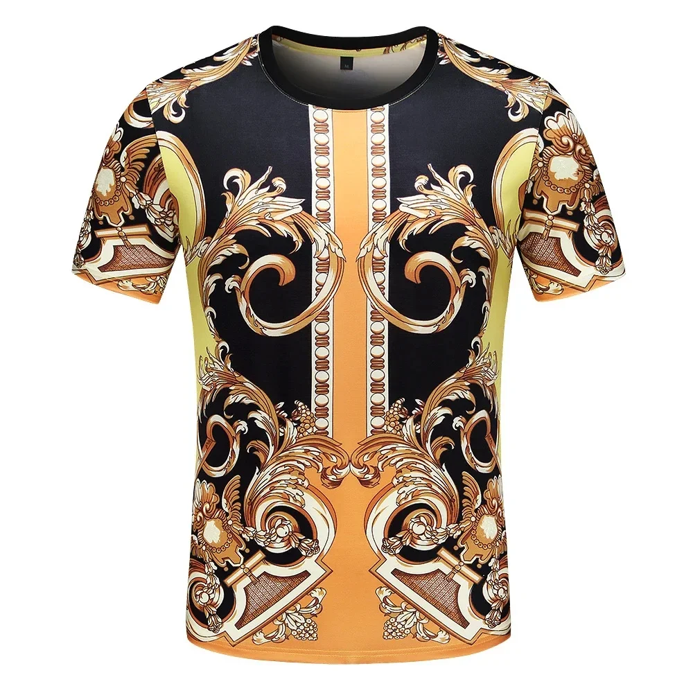 

New Fashion Summer Baroque T-shirt Print 3D Floral T Shirt for Men and Women Vintage Luxury Brand Royal Golden Flower Camisetas