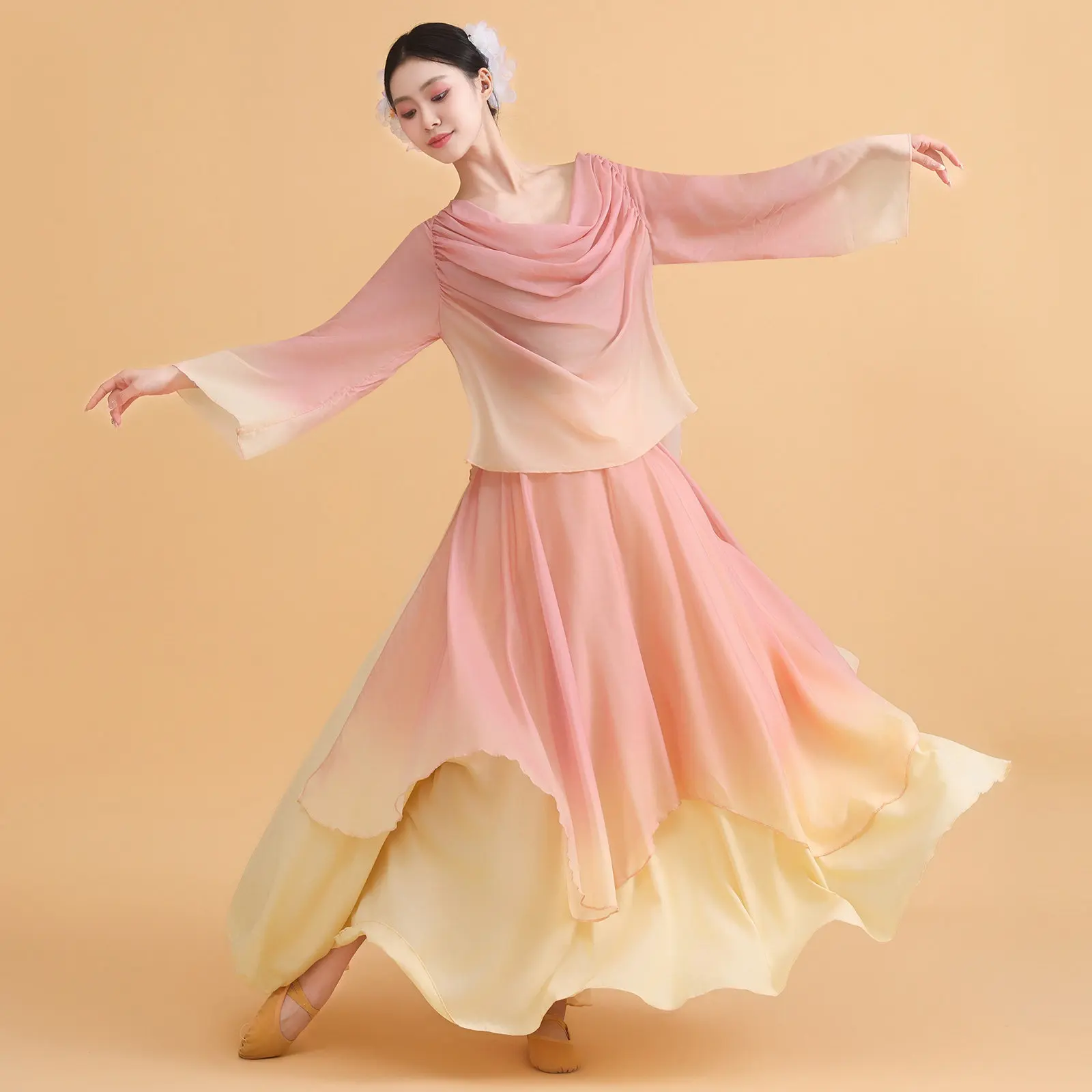 

Классический танцевальный костюм: топ и юбка в китайском градиентном стиле, для тренировок и выступлений, элегантное платье