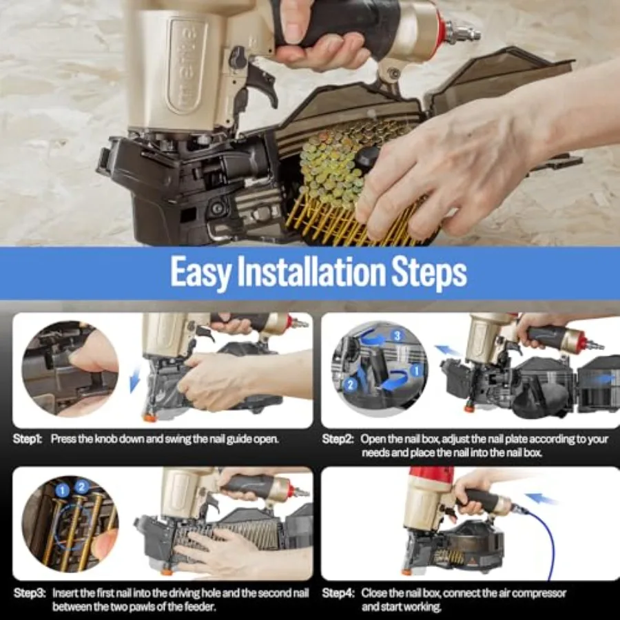 Pistola pneumática para unhas de revestimento, pistola leve com bobina de ar com profundidade do prego do nariz de segurança e ajuste de escapamento 360