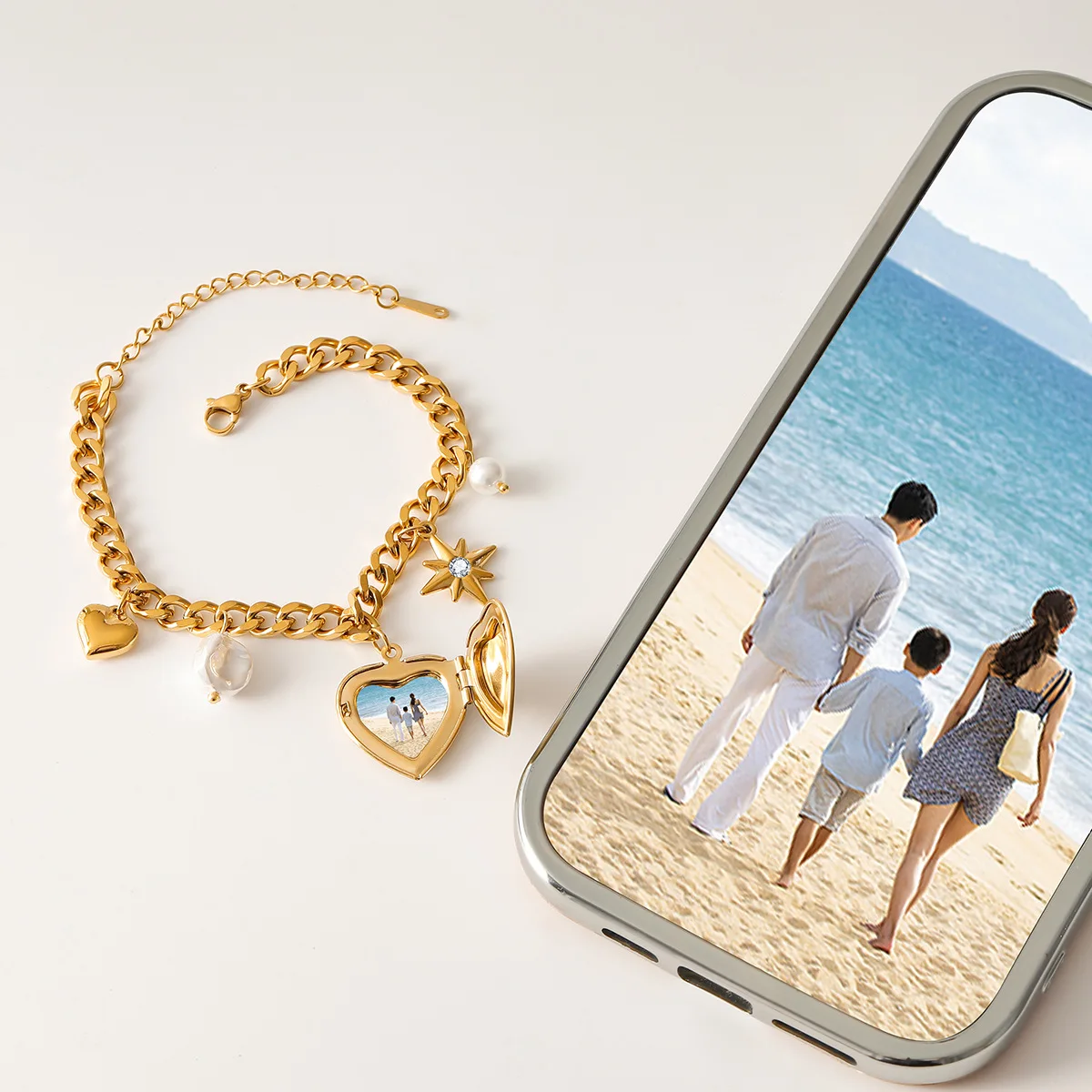 يوري هوت ستايل 18K الذهب اللون PVD الفولاذ المقاوم للصدأ القلب صندوق الصور سوار تبديل المشابك المعصم مجوهرات هدية حصرية