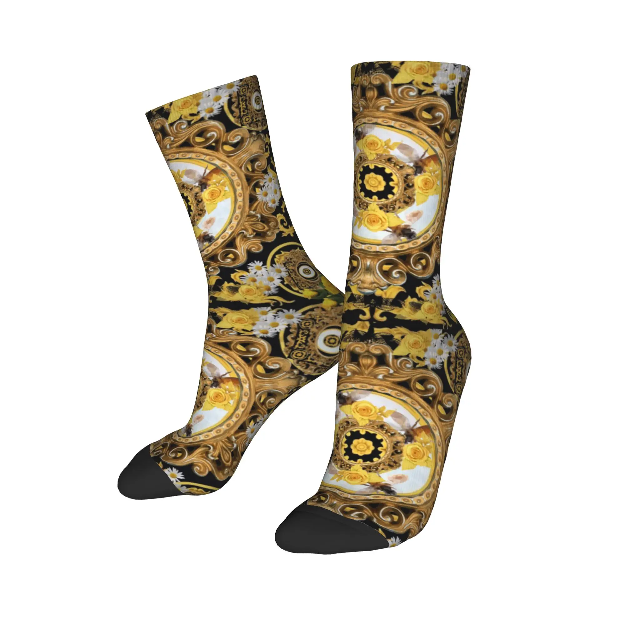 Cool Men's Yellow Rose And Bees Vintage Kitsch Baroque Scarves Dress Socks Unisex Breathbale Warm 3D Printed  Crew Socks