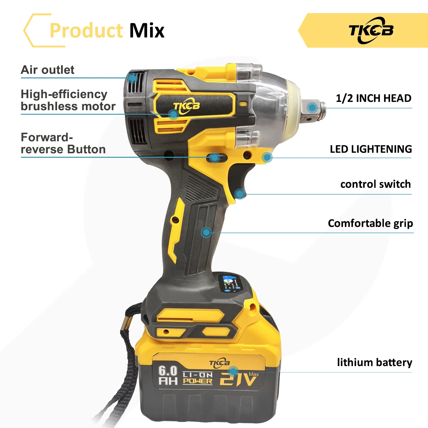 TKCB 520N.M Cordless Brushless Electric Impact Wrench 1/2 inch Socket Wrench Power Tools Rechargeable For Makita 18V Battery