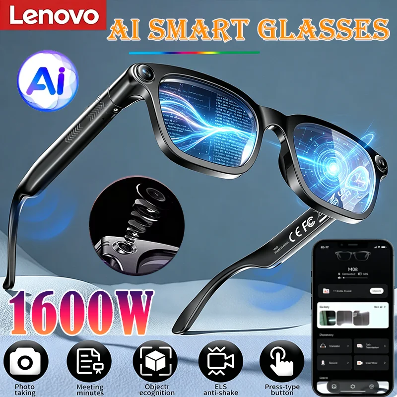 Lunettes intelligentes Lenovo AI avec caméra double 8K HD 1600W, traduction en temps réel, appels Bluetooth, lecture audio-vidéo et musique