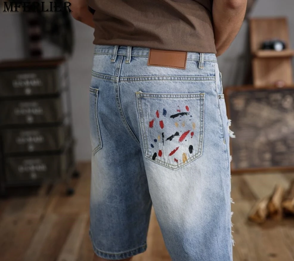 Shorts jeans com buracos quebrados para homens, tamanho grande, algodão, meio cavalo, lavado, 42 44 46 48