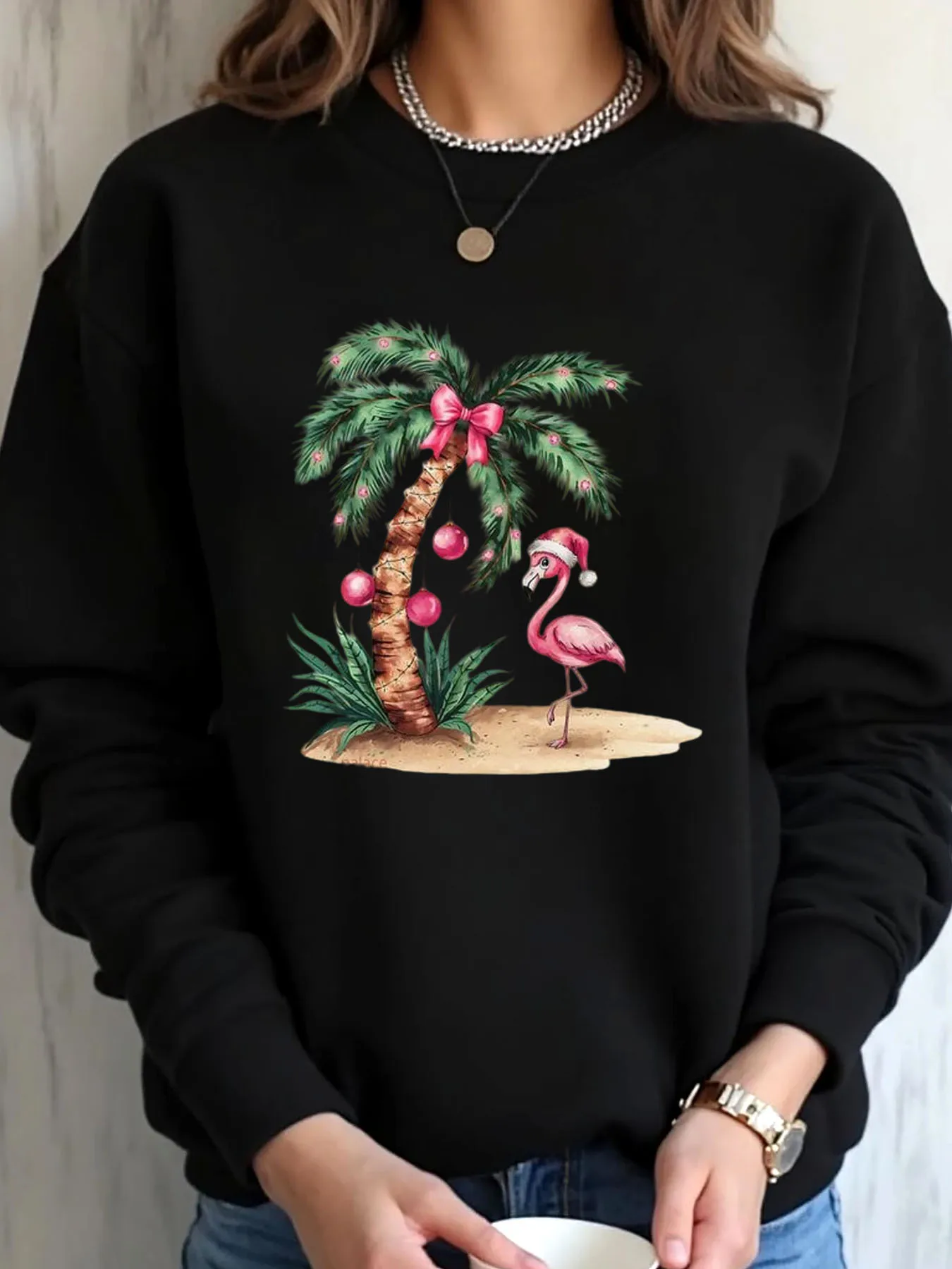 

Женская толстовка большого размера с принтом рождественского фламинго и пальмы, верхняя одежда