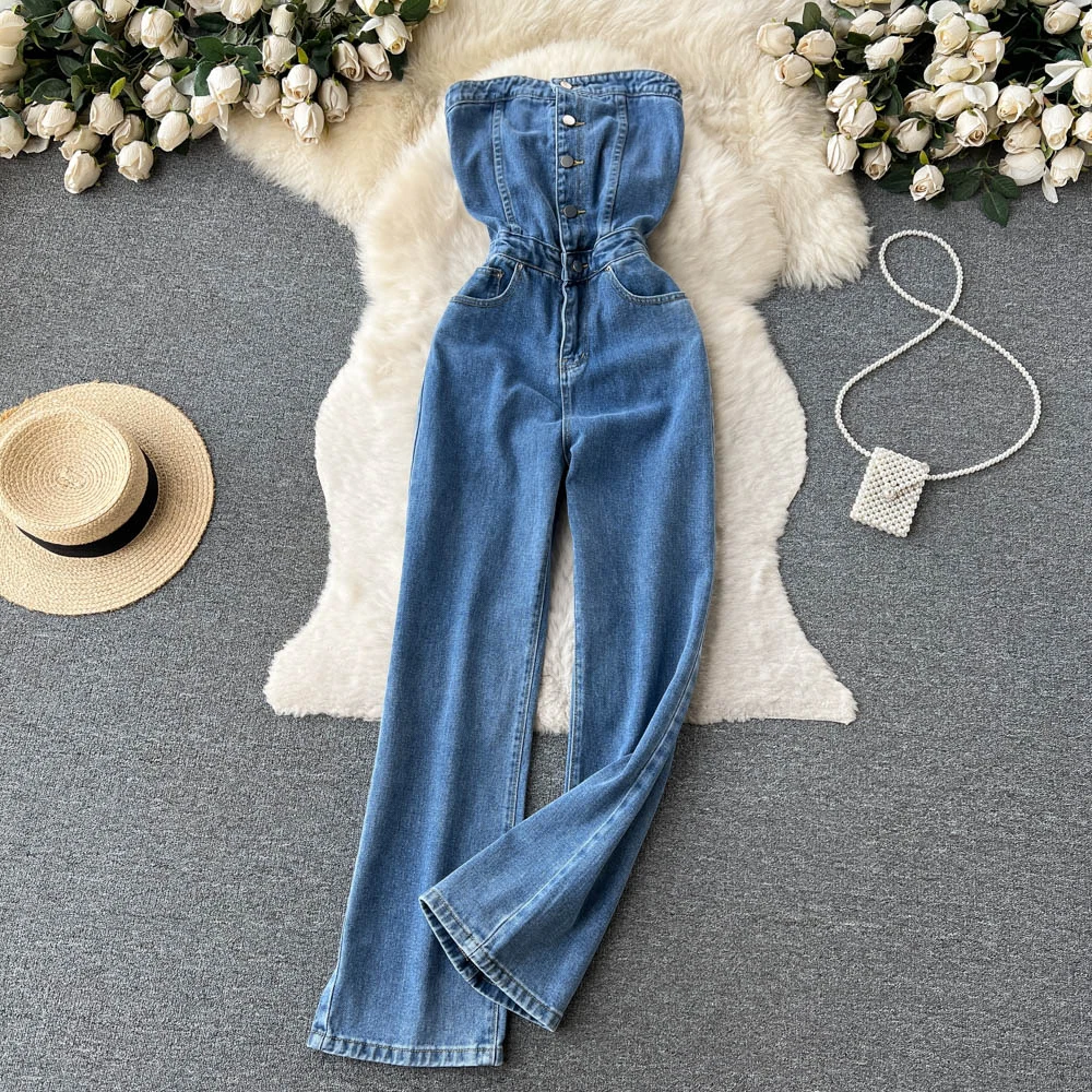 Spring and Summer New Retro Style Sexy Thin Single-breasted Denim Tube Top Jumpsuit Feminine Wide-leg Denim Trousers