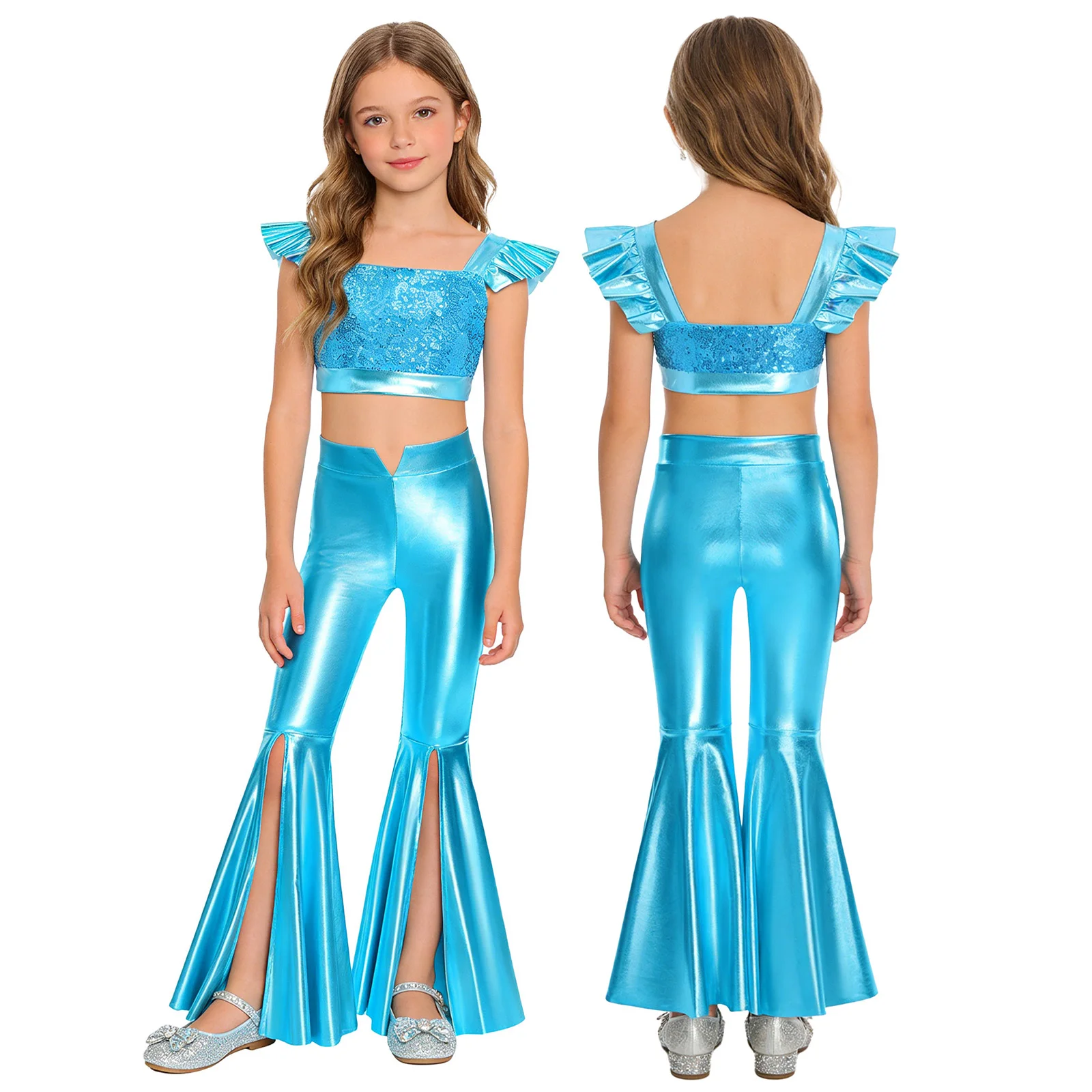 Kids Girls Jazz Dance Outfit Princess Pageant Costume Ruffled Sleeveless Crop Top with Split Bell Bottom Metallic Pants Clothes