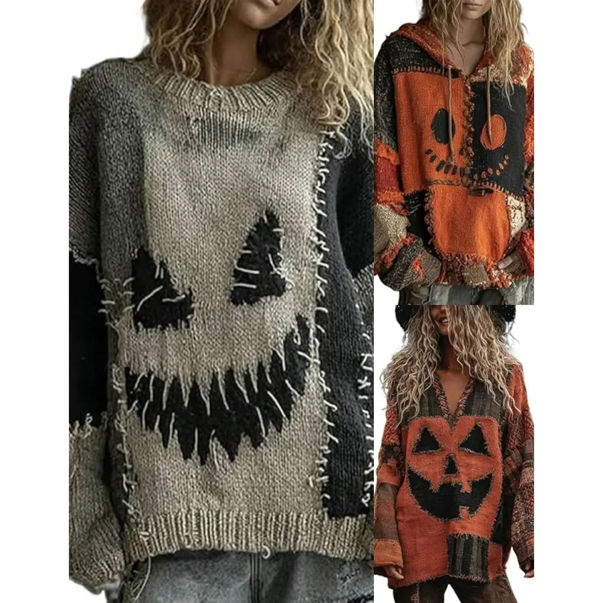 

Women's loween Patchwork Sweatirts Spooky Face Design Autumn Faion Ladies Knitwear 00% Other Material