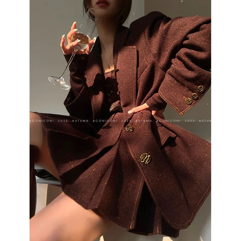 MiiiiX French Style Elegant Skirt Suits Women Two-piece Set Autumn High-end Long-sleeved Suit Jacket Design Short Pleated Skirt