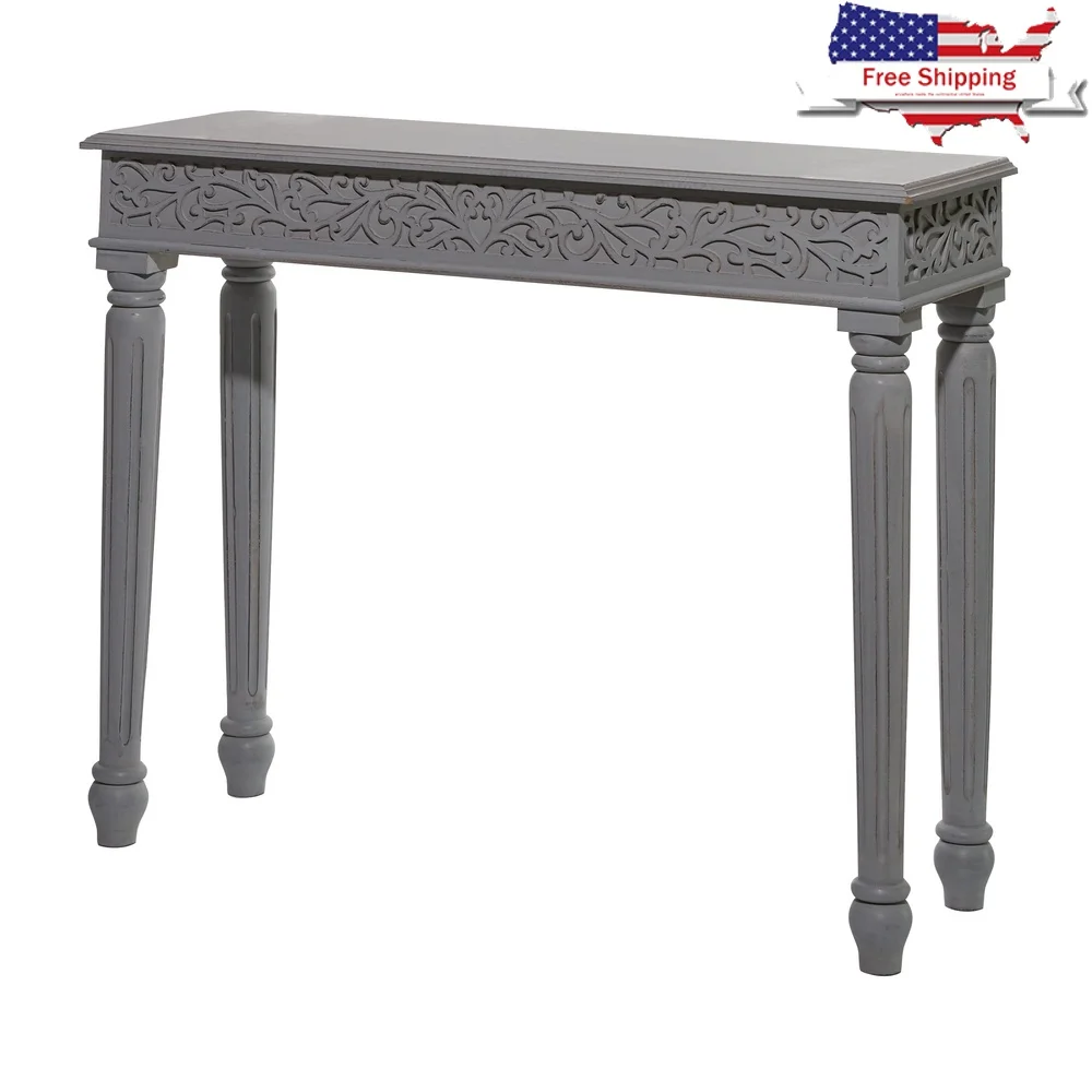 

Intricately Carved Gray Console Table Narrow Rectangular Entryway Accent Table Indoor Home Decor