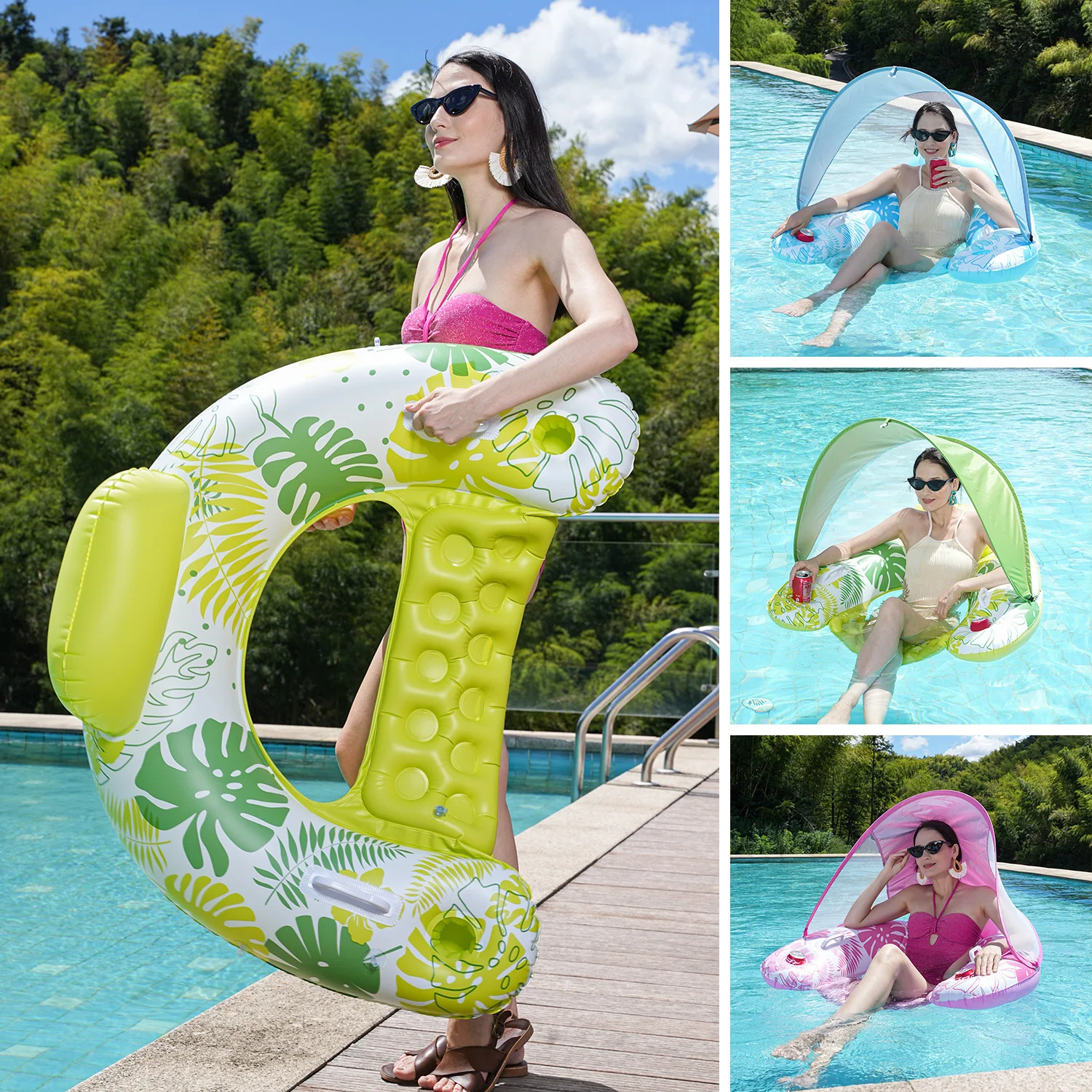 1PC Inflatable Fabric Covered Pool Float Adult with UPF50+ Sunshade Canopy  Cup Holders