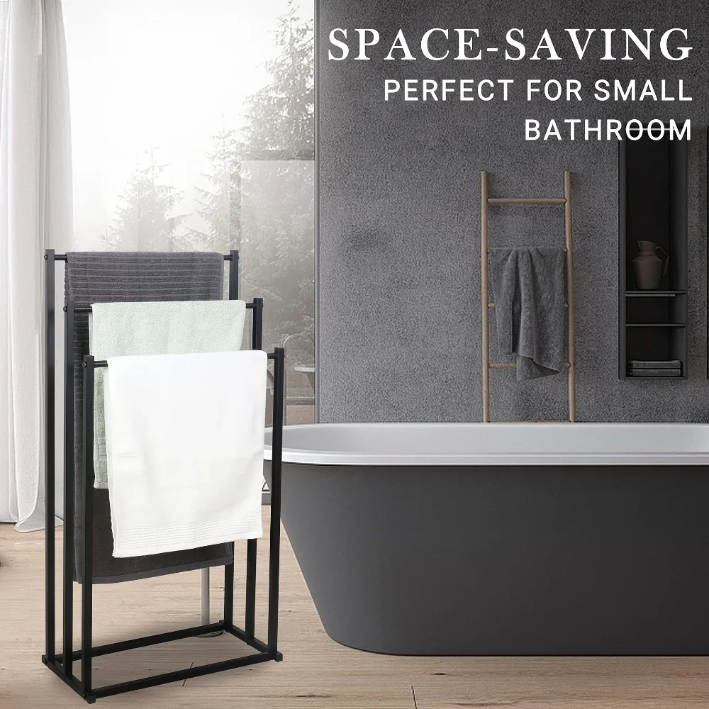 

Three-layer black bathroom towel rack, iron floor-standing towel rack, space-saving shower room towel organizer, towel hanger