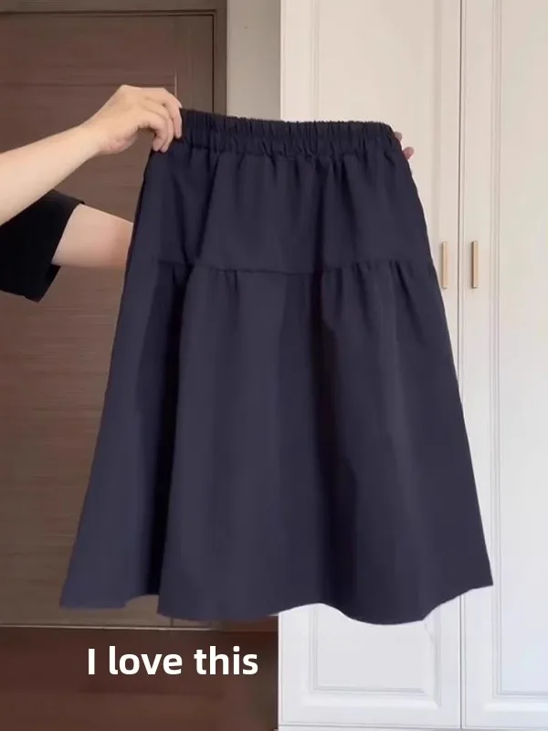 

High Waist A-Line Skirt Korean Style plus Size Dark Blue Summer College Women's Fashion Commute Loose Fit Midi Skirt