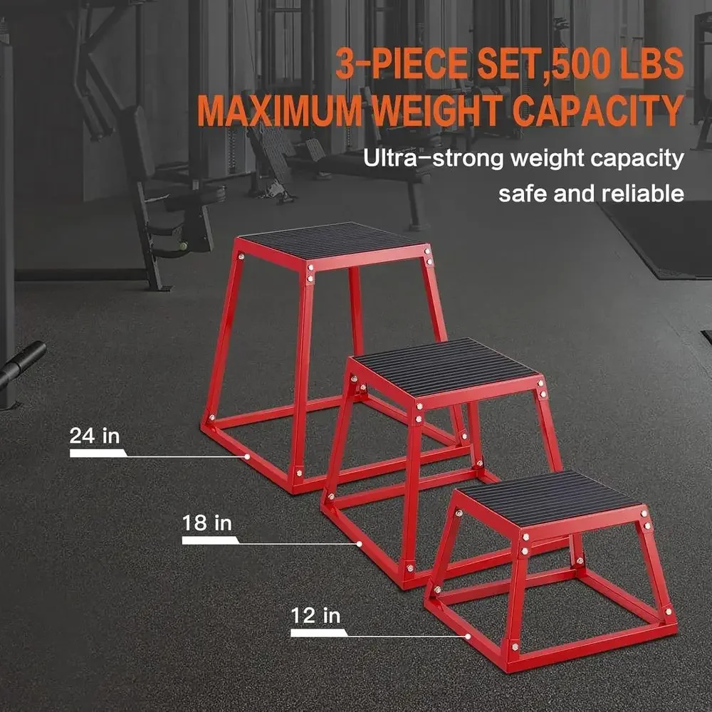 Set of 3 Plyometric Jump Boxes: 12, 18, 24 Inch Exercise Platforms for Home Gym Strength and Agility Training