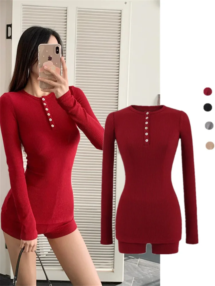 American Retro Spicy Girl Set High Waist Bodycon Long Sve V-ne Knitted Top And ort Pants Two-piece Women's Faion