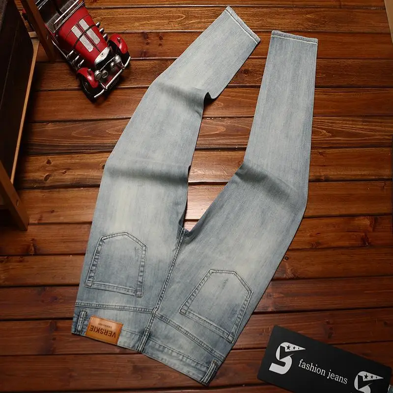 Ripped jeans men's trendy high-end embroidered print summer thin fit elastic small foot long pants