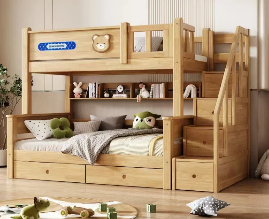 ！@2025 High-Low Beds Children Home Furniture Upper Lower Tables Combination Kids Wooden Bunk Bed With Storage Cabinet Stair