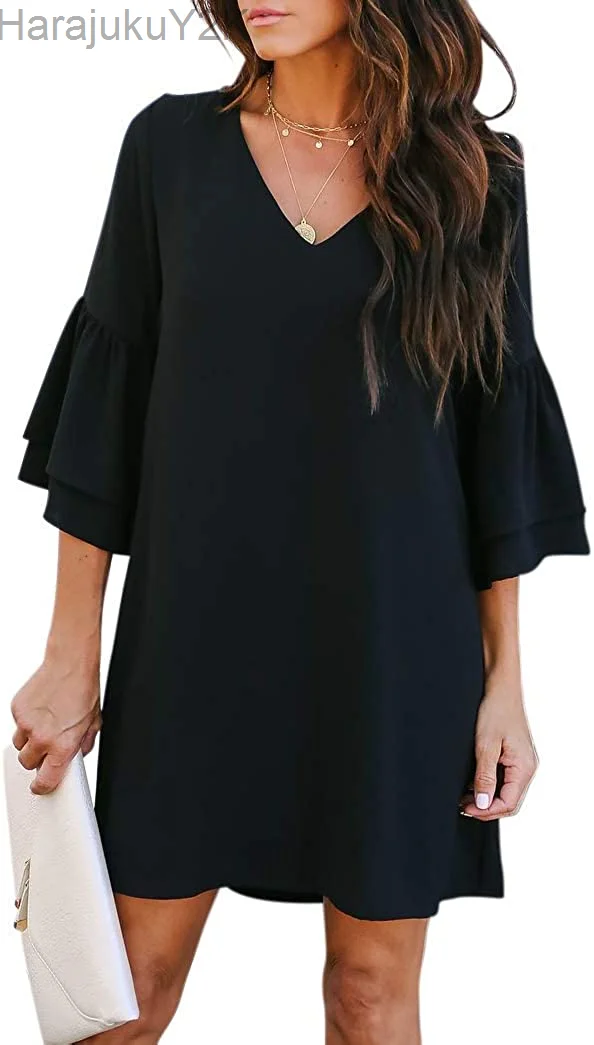 

2022 Women's Dress Sweet & Cute V-Neck Bell Sleeve Shift Dress Mini Dress