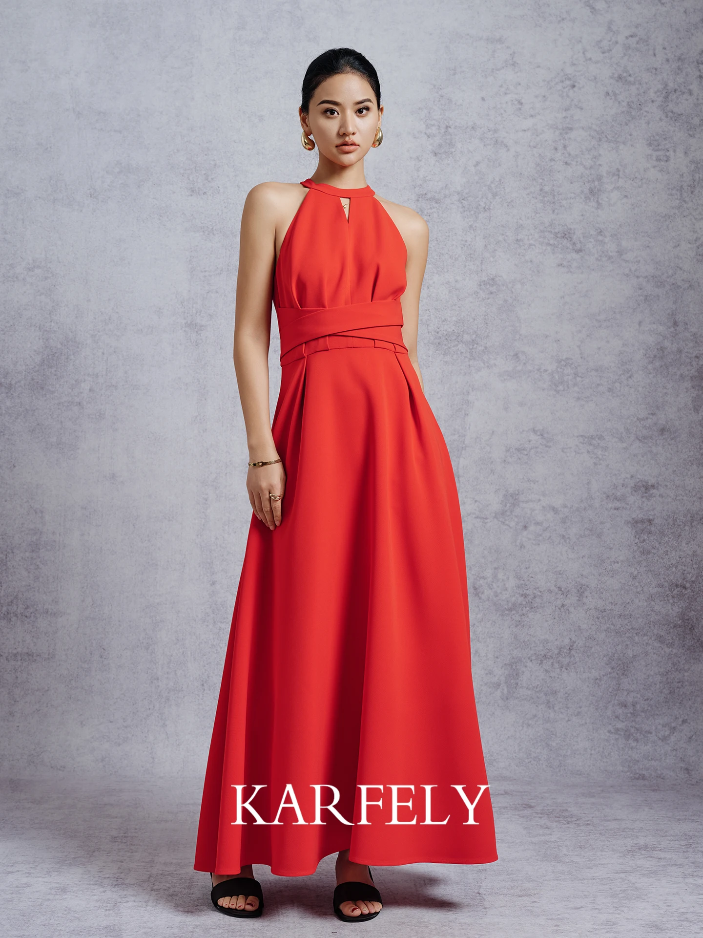 

KARFELY Elegant Three-acetate Long A-line Dress Women's Sleeveless Waist-cinched Bow-knot Shoulder-baring Dress for Banquet
