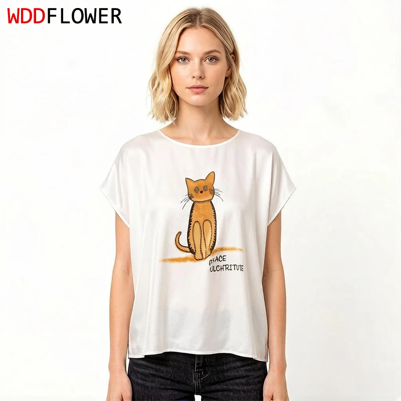 93% Mulberry Silk 7% Spandex Loose White Cute Cat Printed Cap Sleeve Women Silk Shirt Casual Top Blouse Pullover Summer M1619