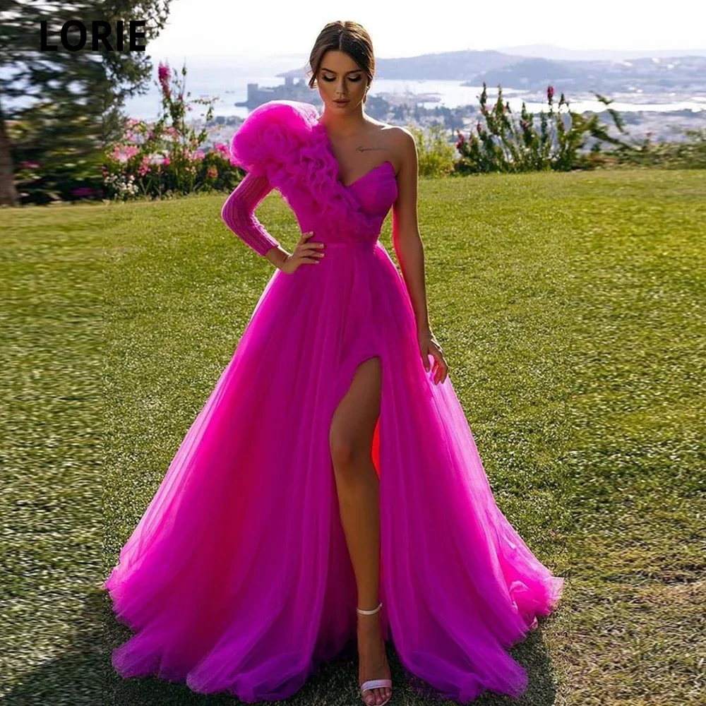 

Evening Dresses Vestidos De Fiesta One Sleeve V-neck Puff Organza Arabic Dubai Formal High Side Split Evening Gowns 2024