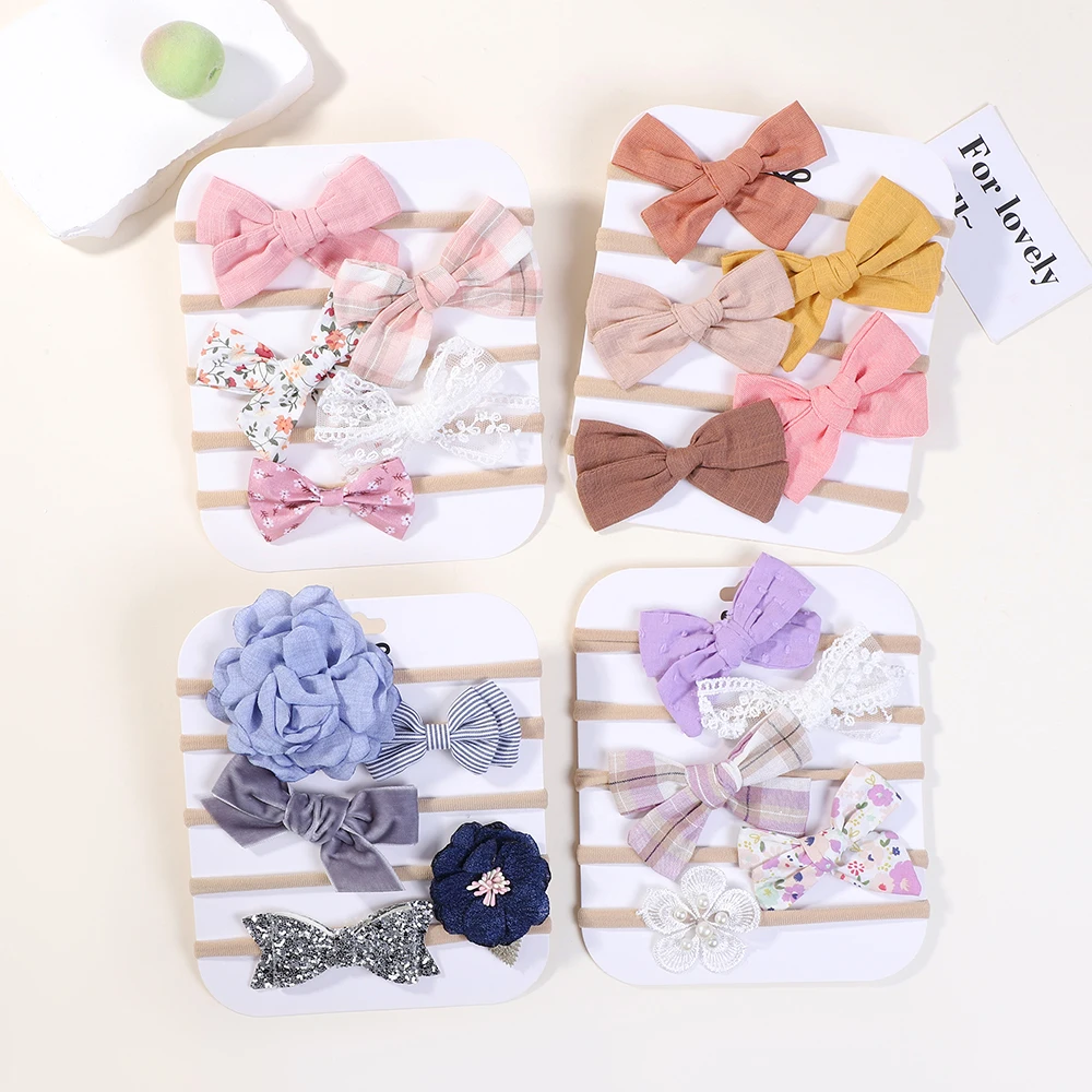 

5Pcs Exquisite Flower Fabric Cloth Bow Print Baby Headband Elastic Nylon Hair Bands Newborn Photography Props Hair Accessories