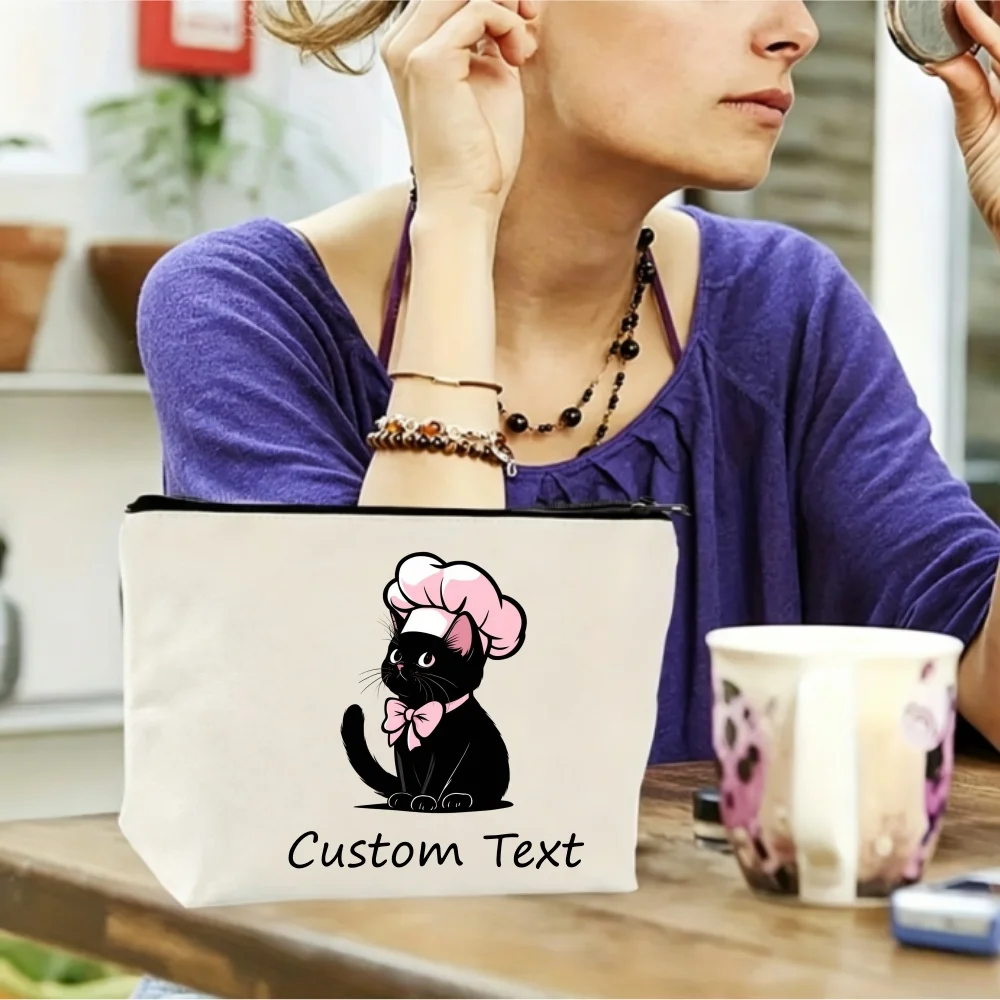 1PC Custom Text Cute Chef Black Cat With Pink Bow Cosmetic Bag Personalized Canvas Zipper Makeup Pouch