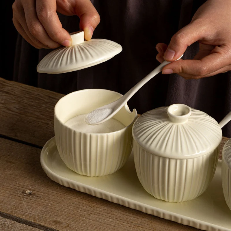 Ceramic Seasoning Jar with Lid & Spoon Vertical Stripes Cream 250ml Seasoning Pot Underglaze Color Storage Container for Kitchen