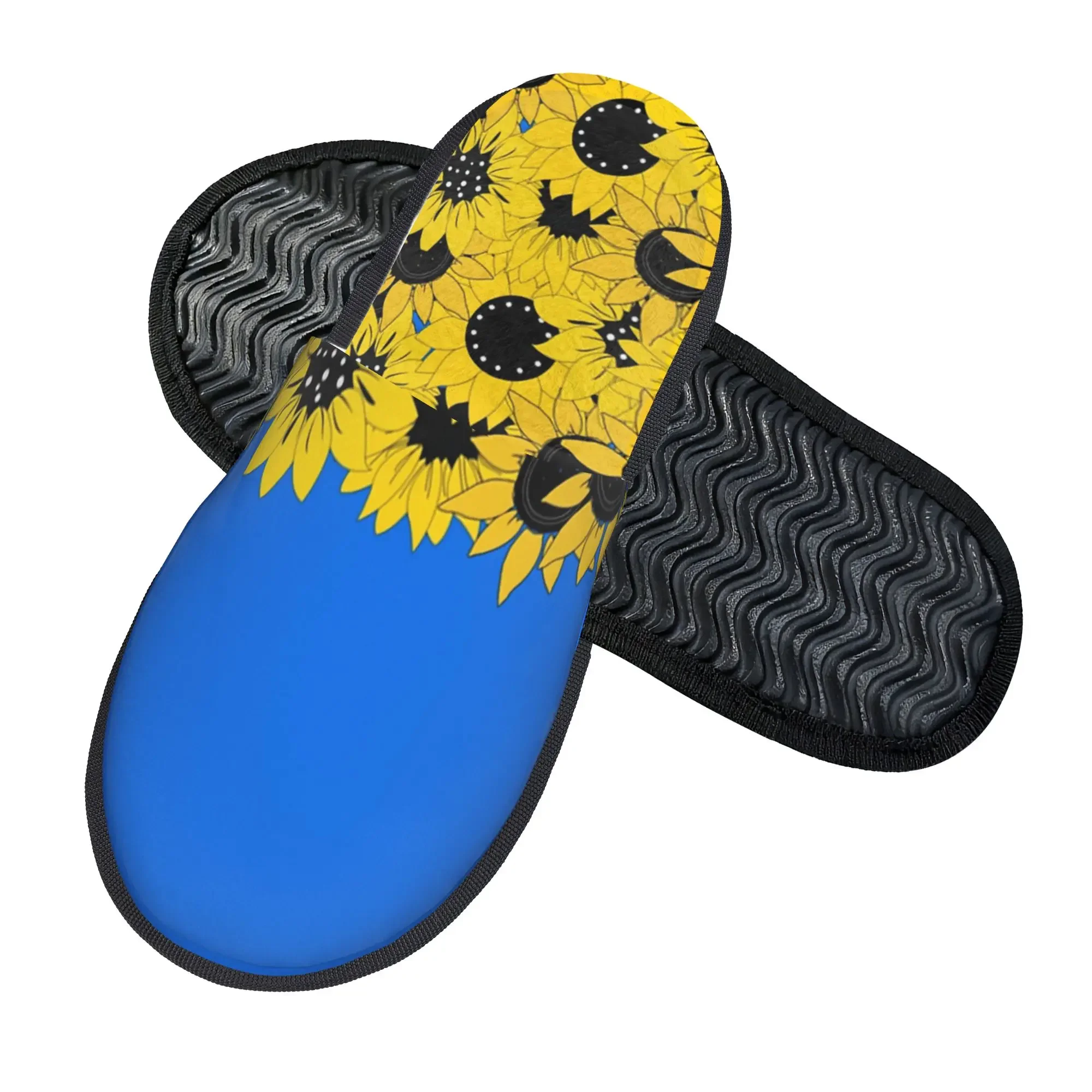 Women Men Blue Sunflower Printed House Slippers Non‑Slip Winter Warm Couple Family Bedroom Dorm Cotton Slippers