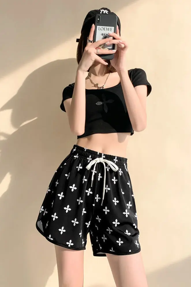 반바지 여성 패치 워크 꽃무늬 리넨 코튼 스위트 파스텔 프릴 귀여운 허리 신축성있는 허리띠 Cottagecore Daily Summer Trend