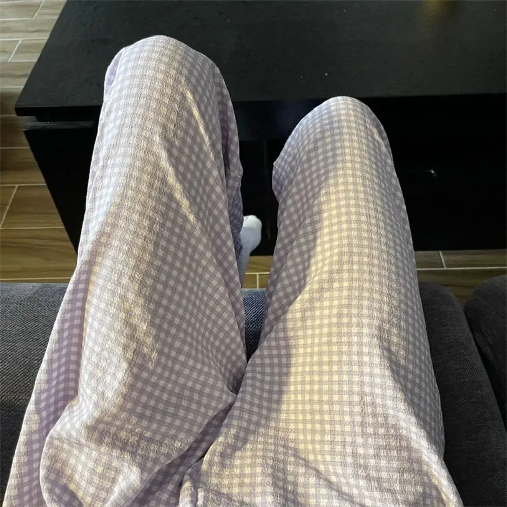 

Comfortable Stripe Plaid Casual Pants Women High Waist Wide Leg Sweet Trousers Nightwear Pajamas Baggy Home Pajama Teenagers