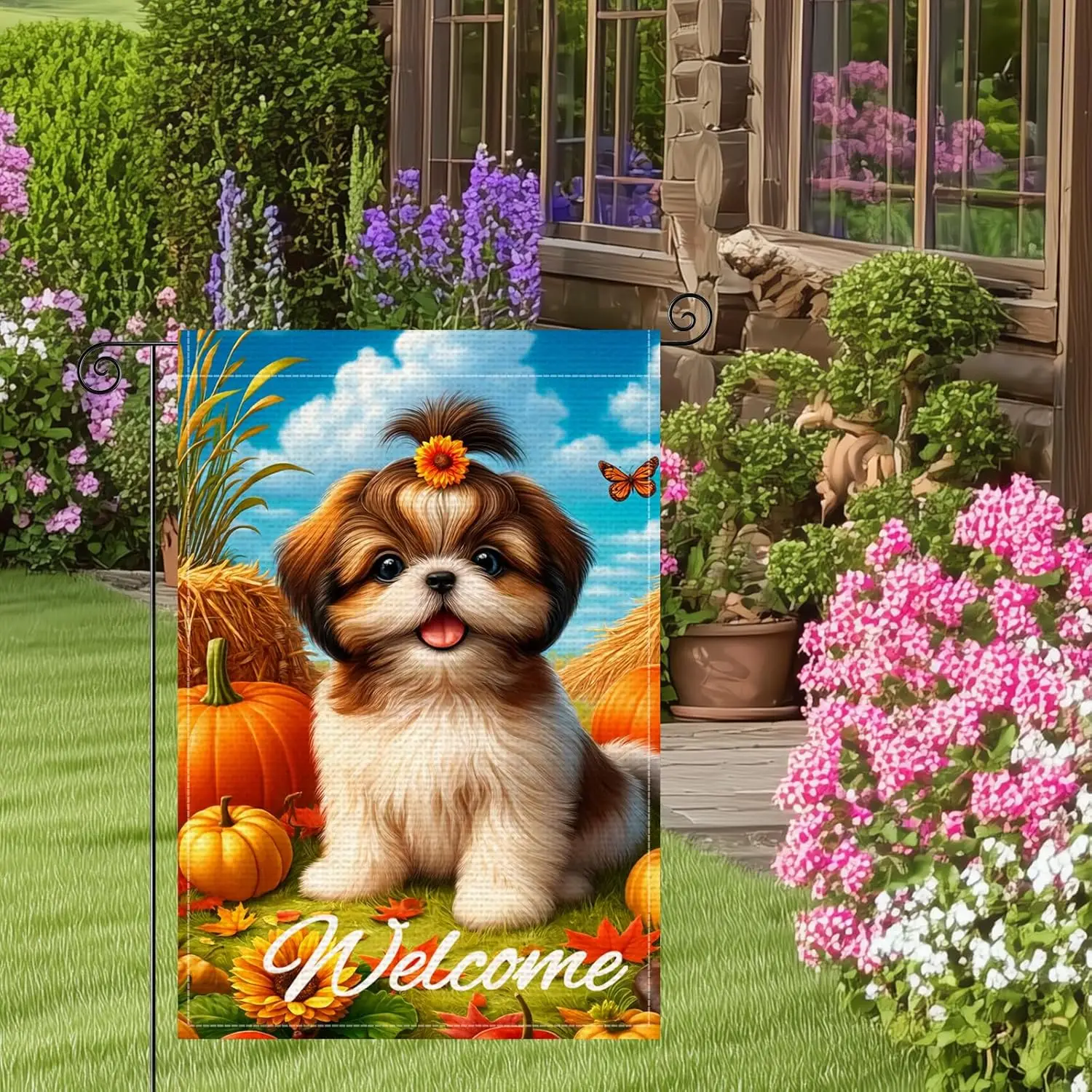 Welcome Shih Tzu Garden Flag 12x18 Inch Burlap Garden Flag Double Sided Vertical Outdoor Decor Autumn Pumpkin Dog Theme Yard MMZ