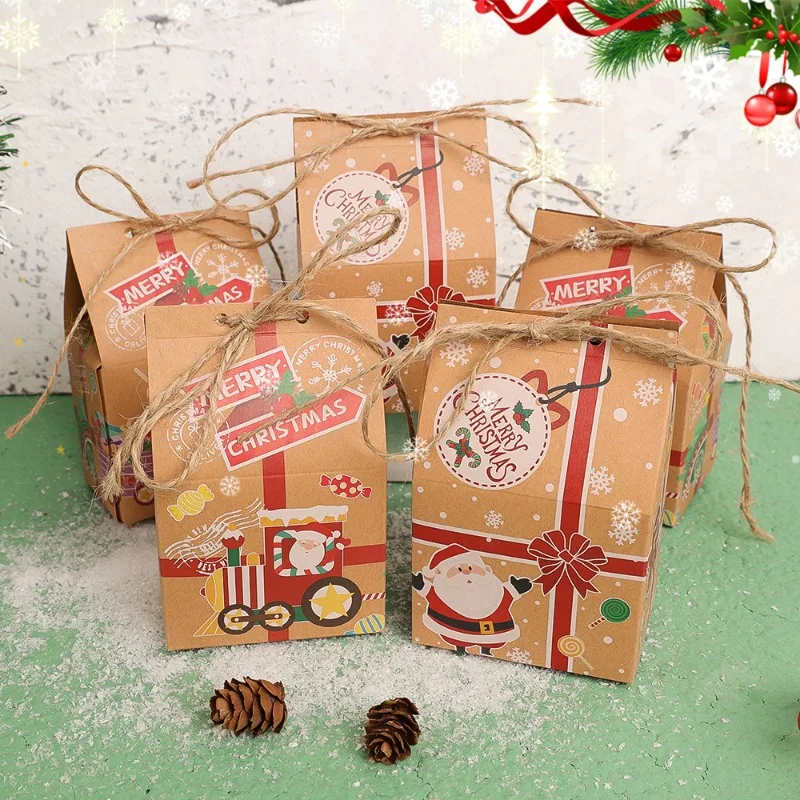 30/1PCS Christmas Kraft Paper Bags Gift Box Handle Pouch with Rope Candy Tote Packaging Bag Party Santa Claus Home Xmas Decor